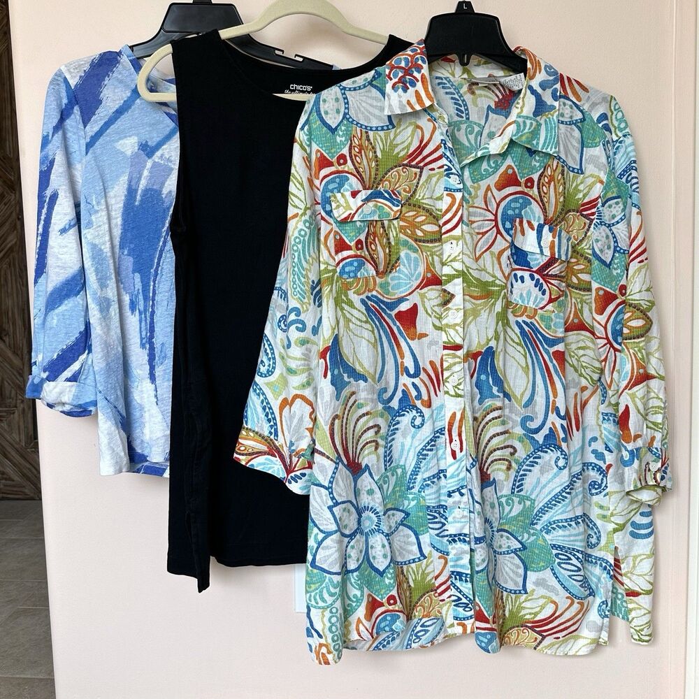 Chicos Tops Bundle 3 XL Variety Basic Resort Tropical Beach Travel Linen Cotton